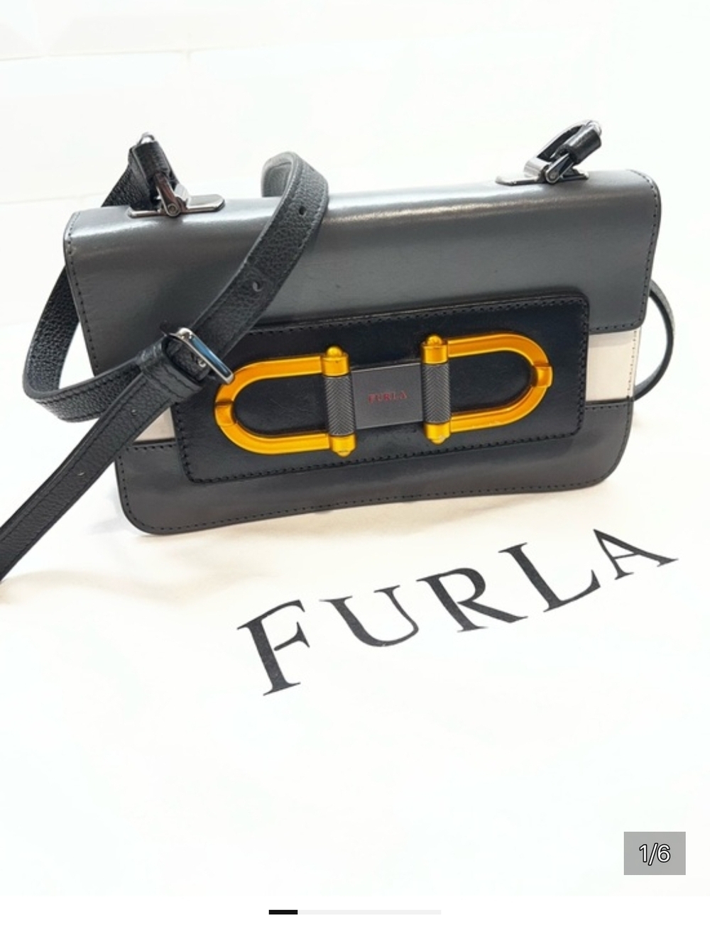 Furla Gray Leather Crossbody Bag with Gold Accent